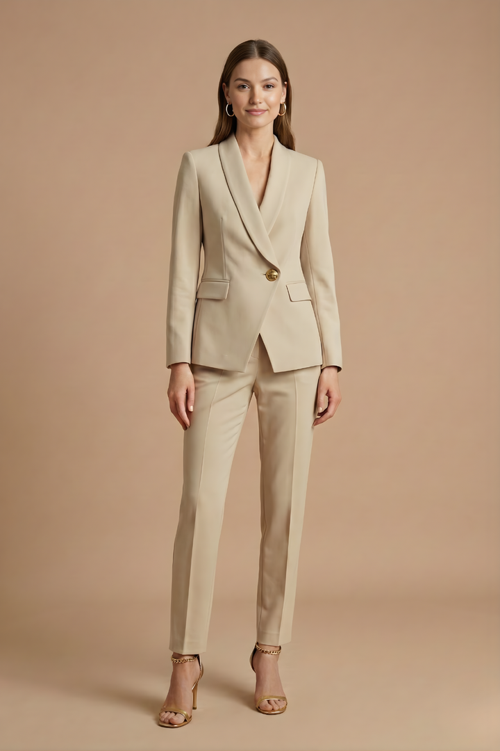Women's Trouser Suit with Shawl Lapel Blazer and Straight Trousers