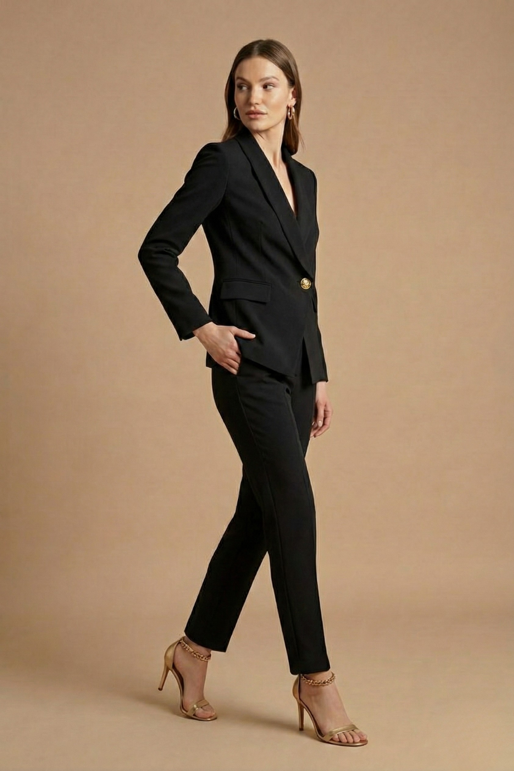 Women's Trouser Suit with Shawl Lapel Blazer and Straight Trousers