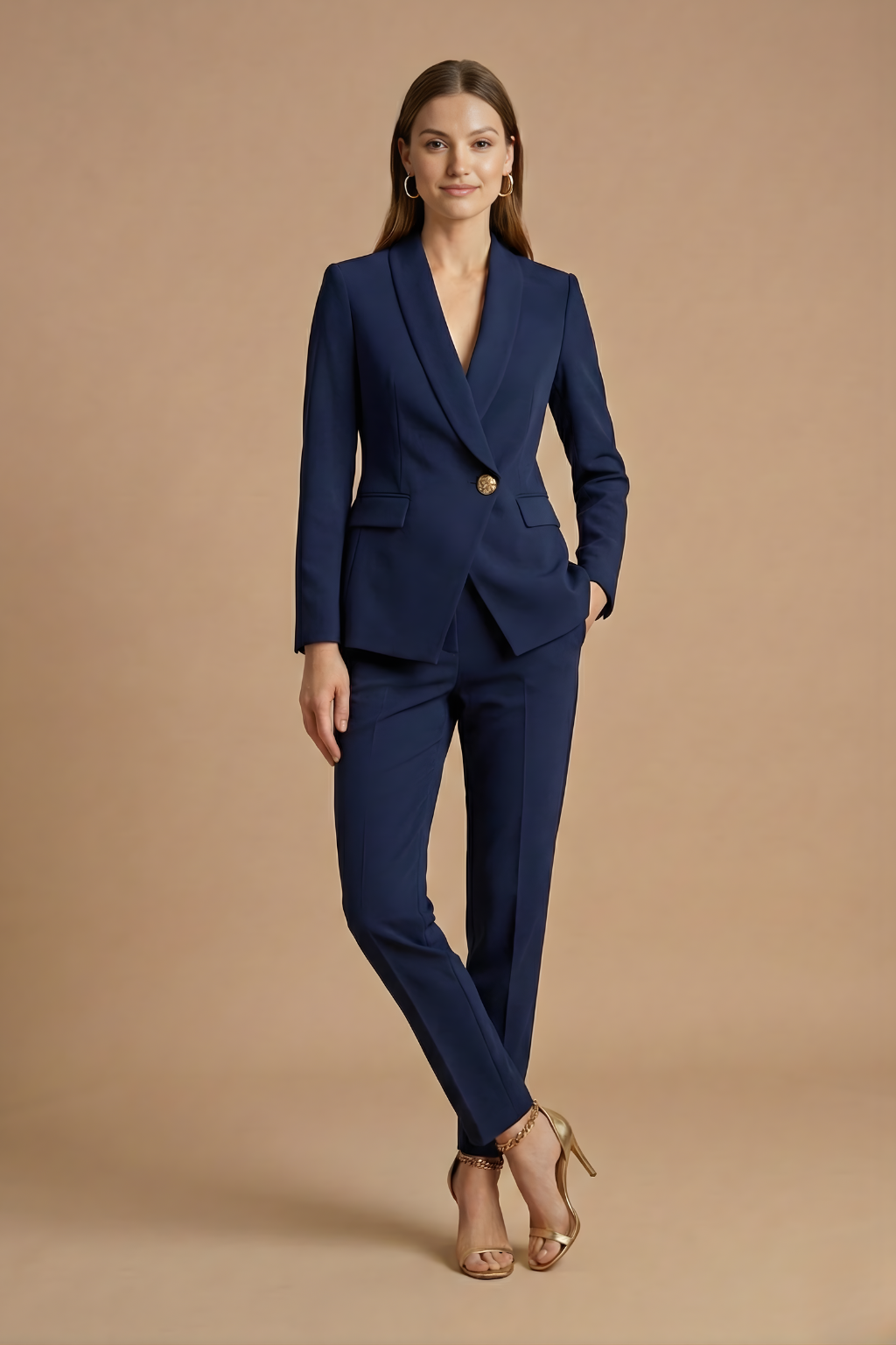 Women's Trouser Suit with Shawl Lapel Blazer and Straight Trousers