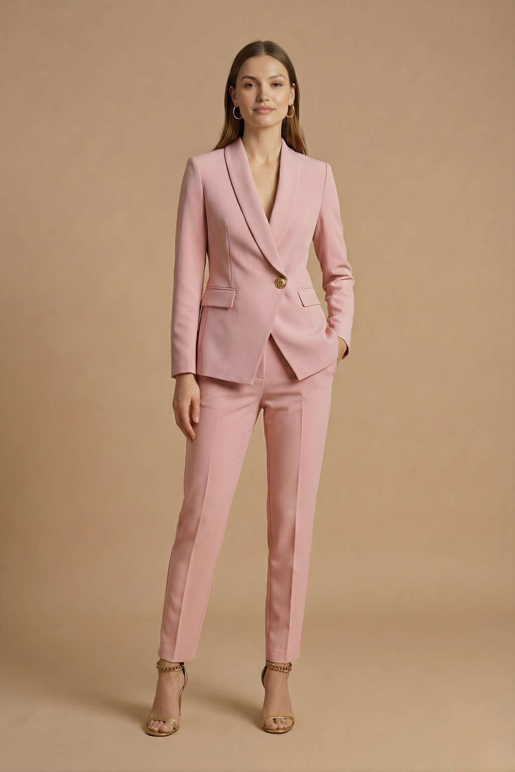 Women's Trouser Suit with Shawl Lapel Blazer and Straight Trousers