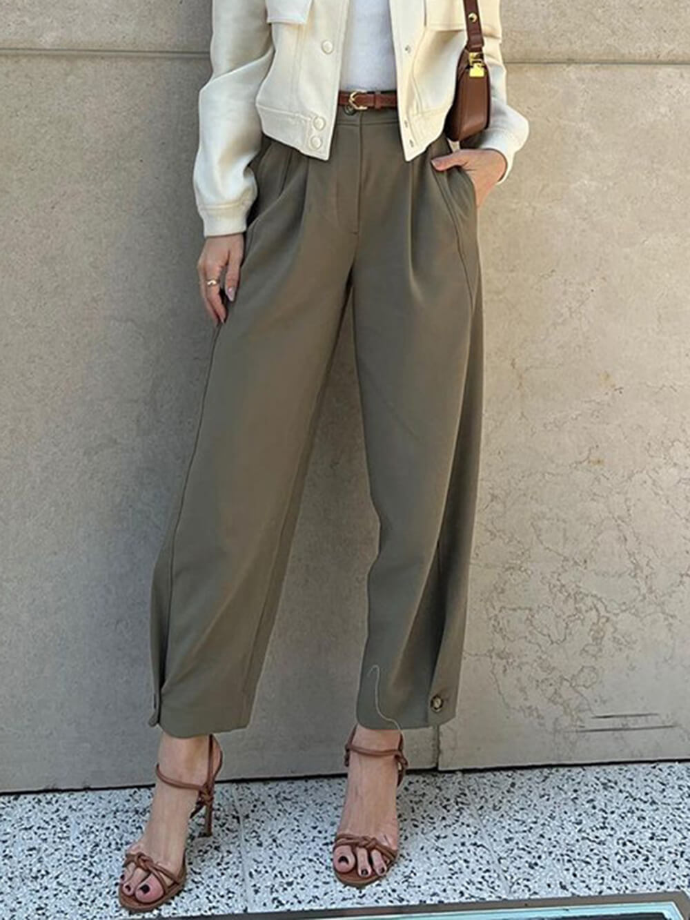 Women's High-Waist Pleated Tapered Trousers with Cropped Ankle
