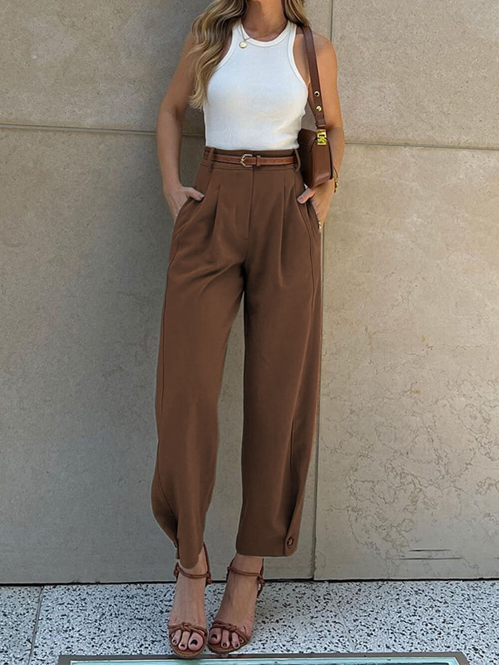 Women's High-Waist Pleated Tapered Trousers with Cropped Ankle