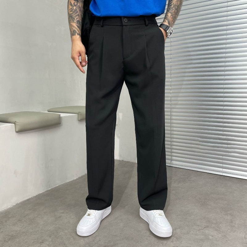Men's Wide-Leg Dress Trousers with Double Pleat Front and Belt Loops