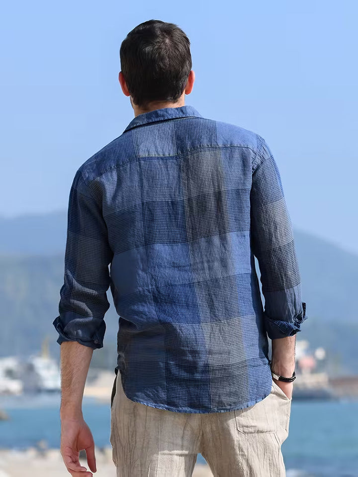 Men's Navy Check Long-Sleeve Popover Shirt with V-Neckline