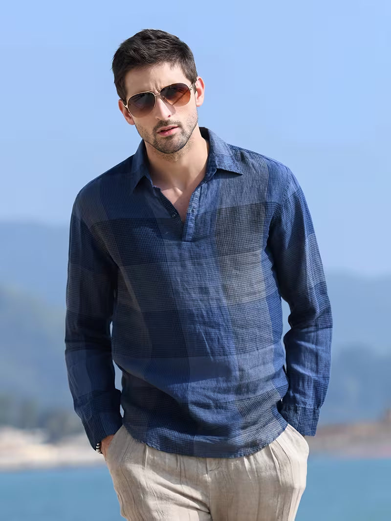 Men's Navy Check Long-Sleeve Popover Shirt with V-Neckline