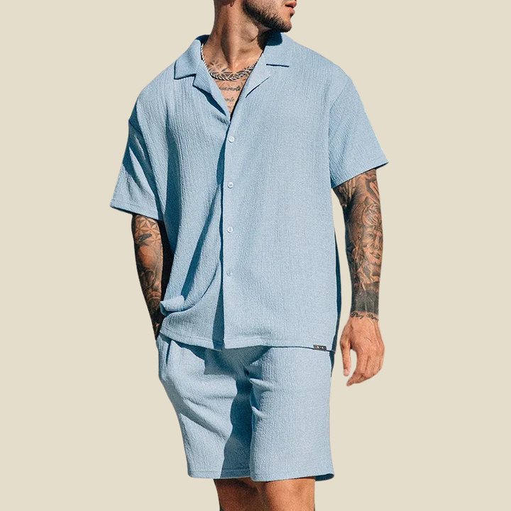 Men's Crinkle Two-Piece Set with Camp Collar Shirt and Bottoms