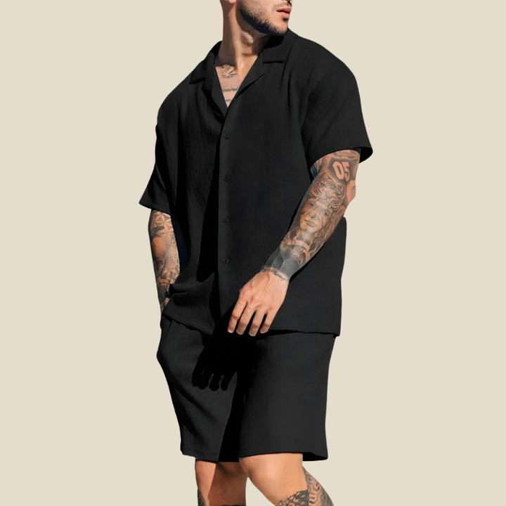 Men's Crinkle Two-Piece Set with Camp Collar Shirt and Bottoms