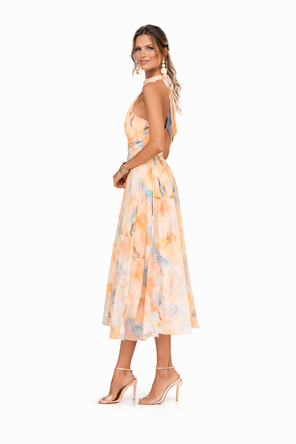Women's Floral Halter-Neck Chiffon Maxi Dress with Open Back