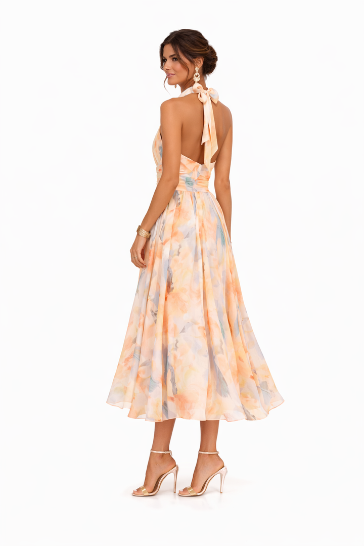 Women's Floral Halter-Neck Chiffon Maxi Dress with Open Back