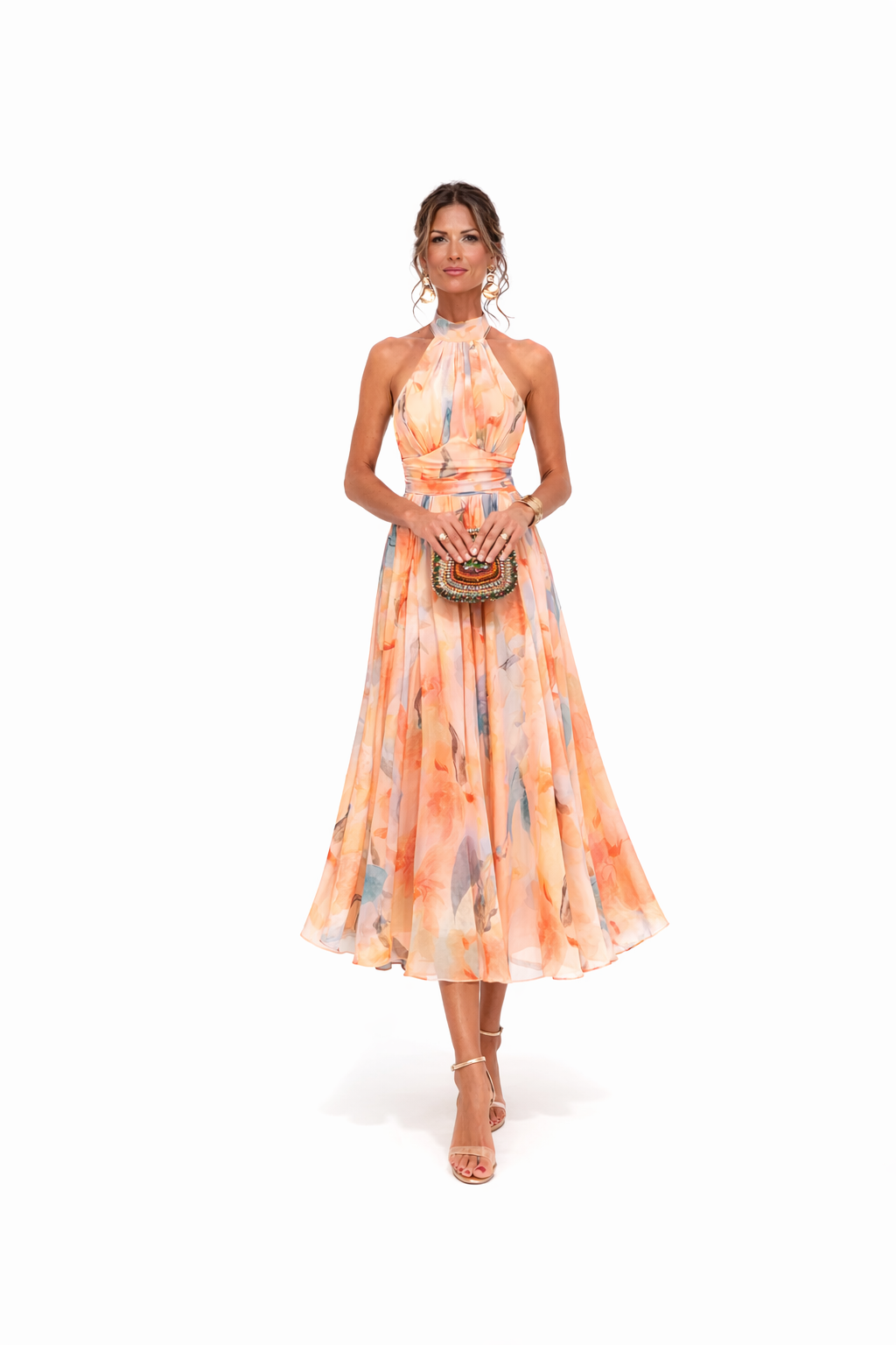 Women's Floral Halter-Neck Chiffon Maxi Dress with Open Back