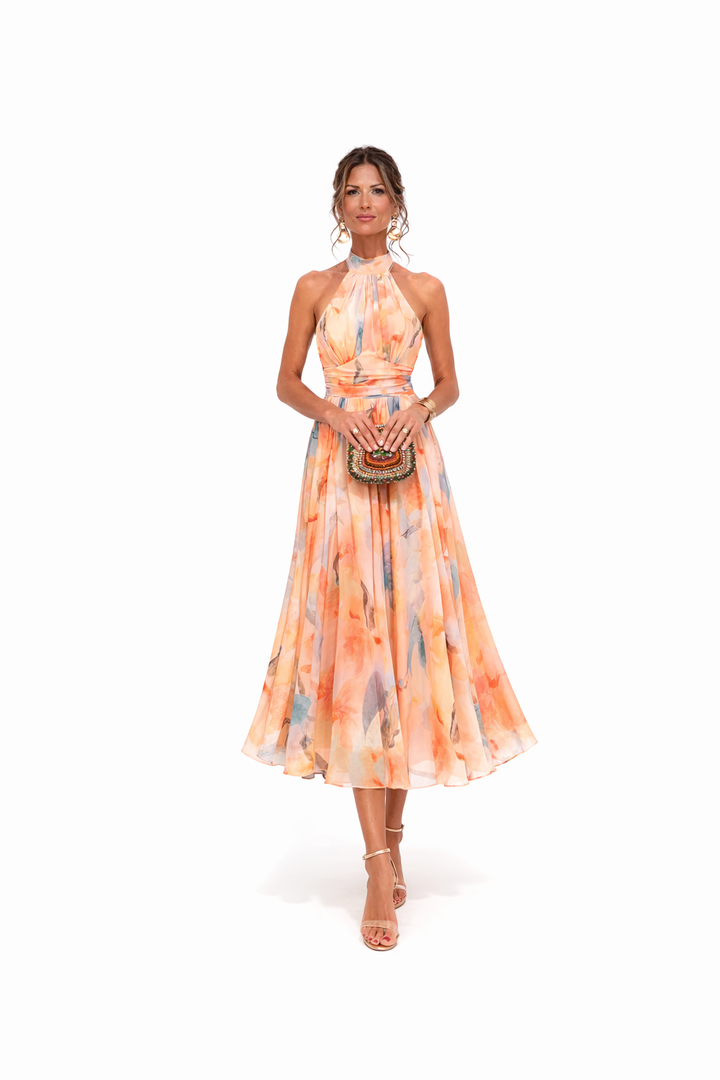 Women's Floral Halter-Neck Chiffon Maxi Dress with Open Back