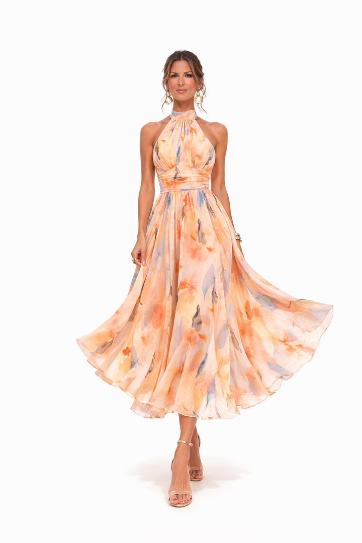 Women's Floral Halter-Neck Chiffon Maxi Dress with Open Back