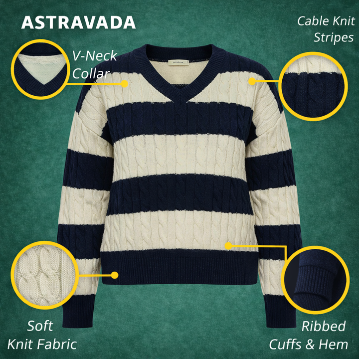 Women’s Oversized Cable Knit V-Neck Jumper with Striped Detailing