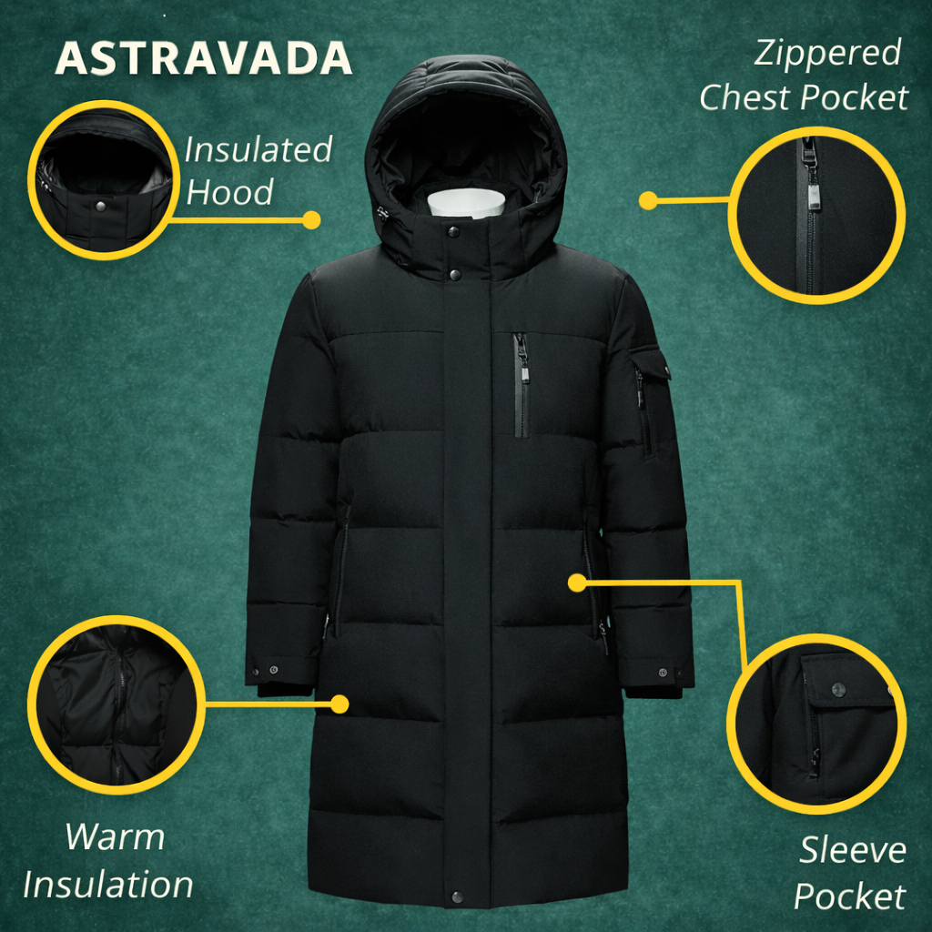 Men’s Insulated Water-Resistant Long Jacket with Hood