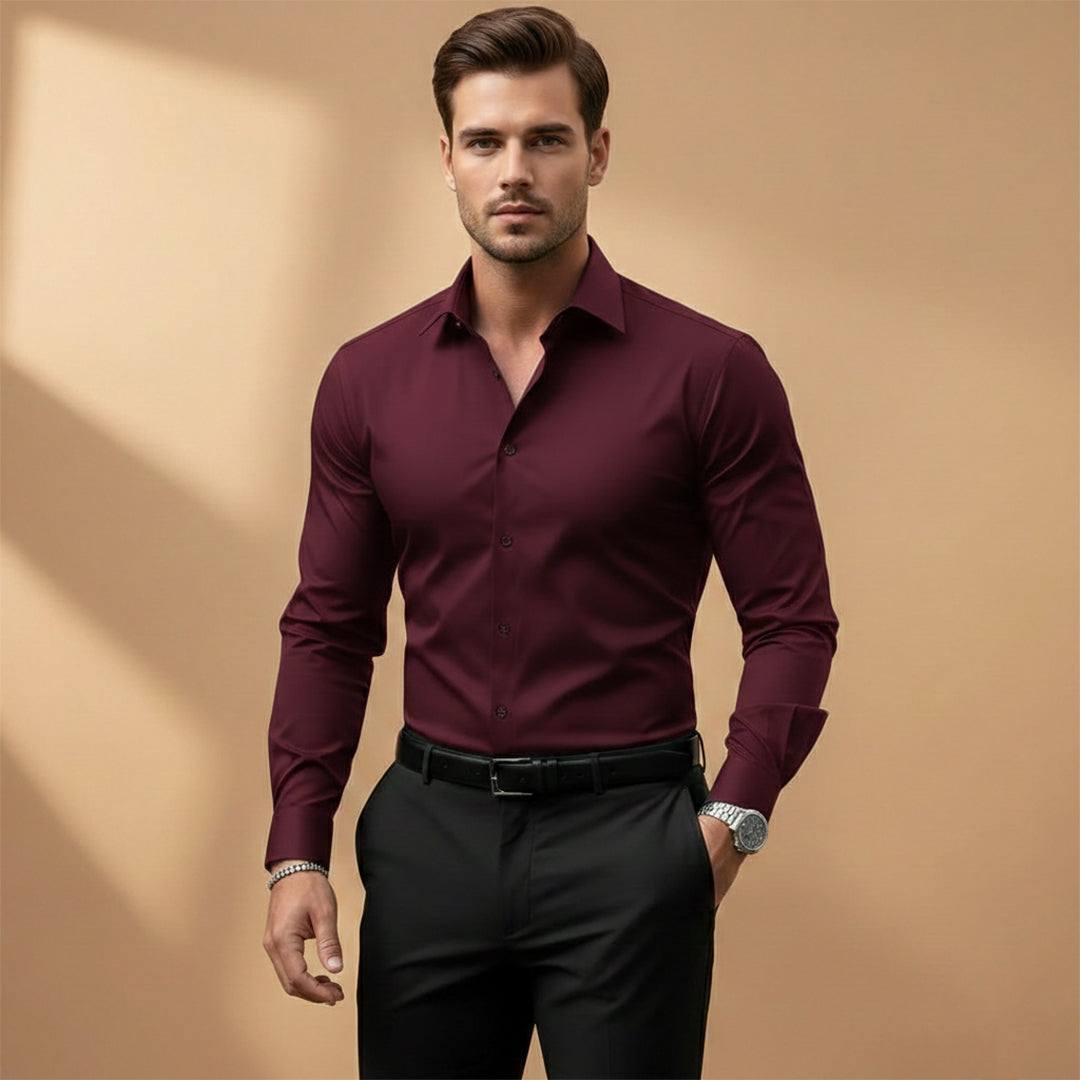 Men's Long-Sleeve Shirt with Point Collar and Buttoned Cuffs