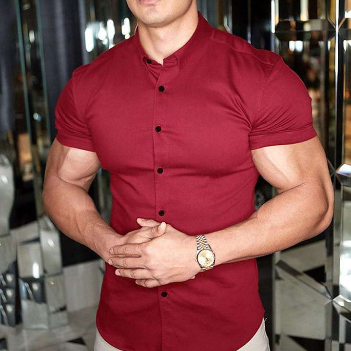 Men's Slim-Fit Short-Sleeve Button-Up Shirt with Point Collar
