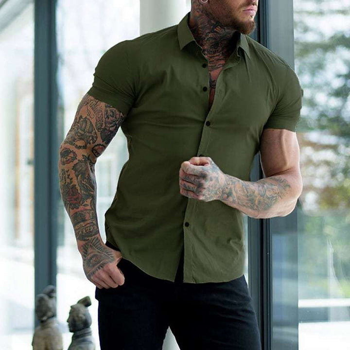 Men's Slim-Fit Short-Sleeve Button-Up Shirt with Point Collar