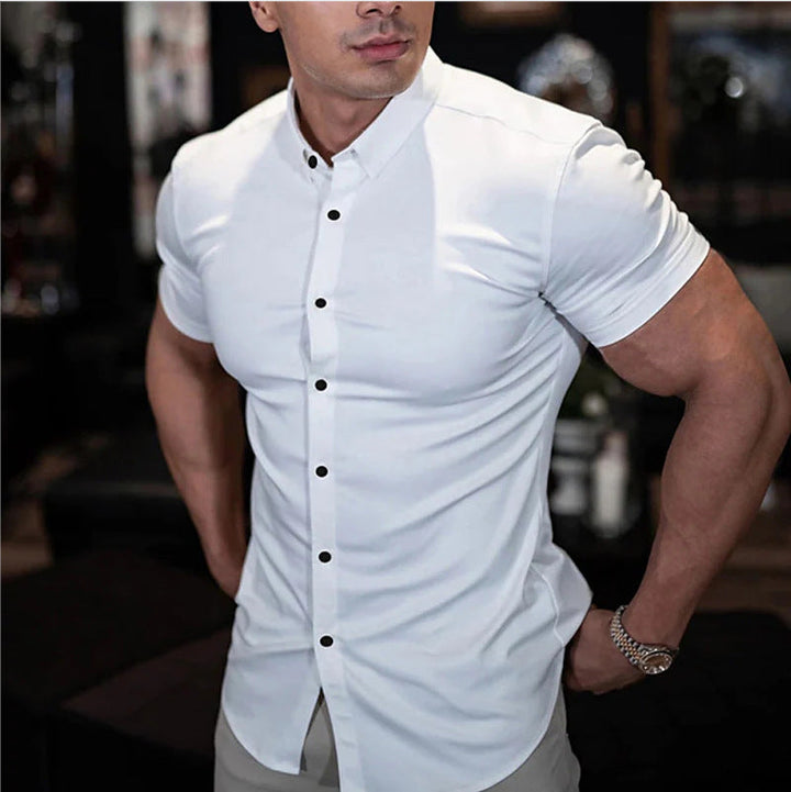 Men's Slim-Fit Short-Sleeve Button-Up Shirt with Point Collar