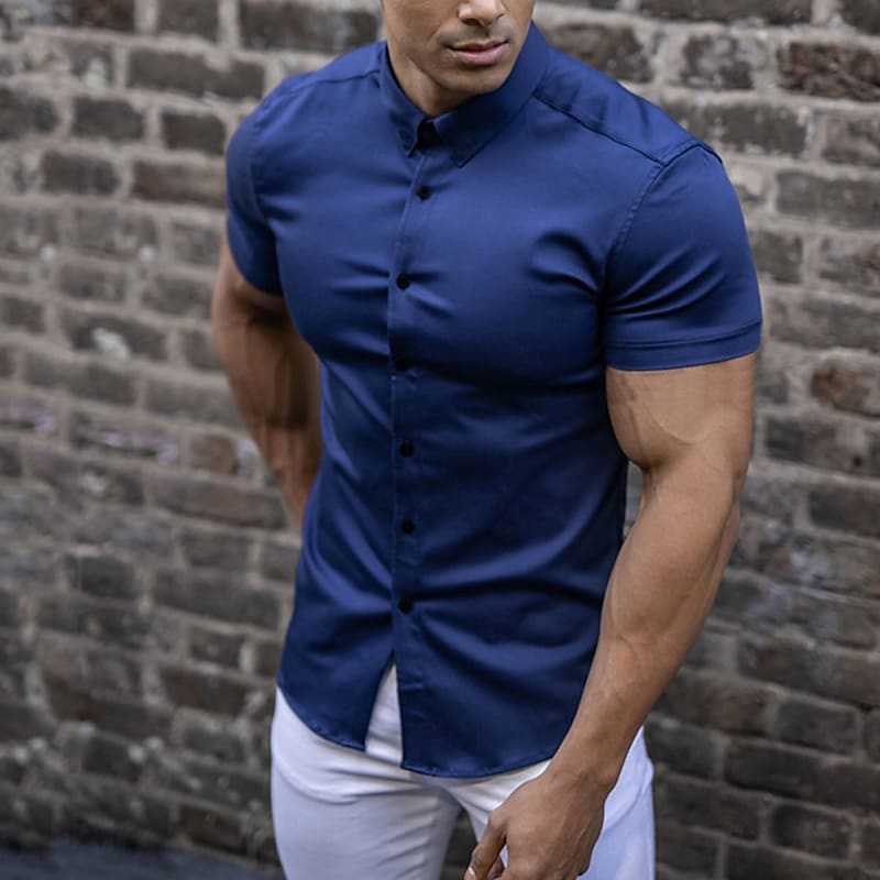 Men's Slim-Fit Short-Sleeve Button-Up Shirt with Point Collar