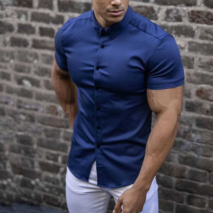 Men's Slim-Fit Short-Sleeve Button-Up Shirt with Point Collar