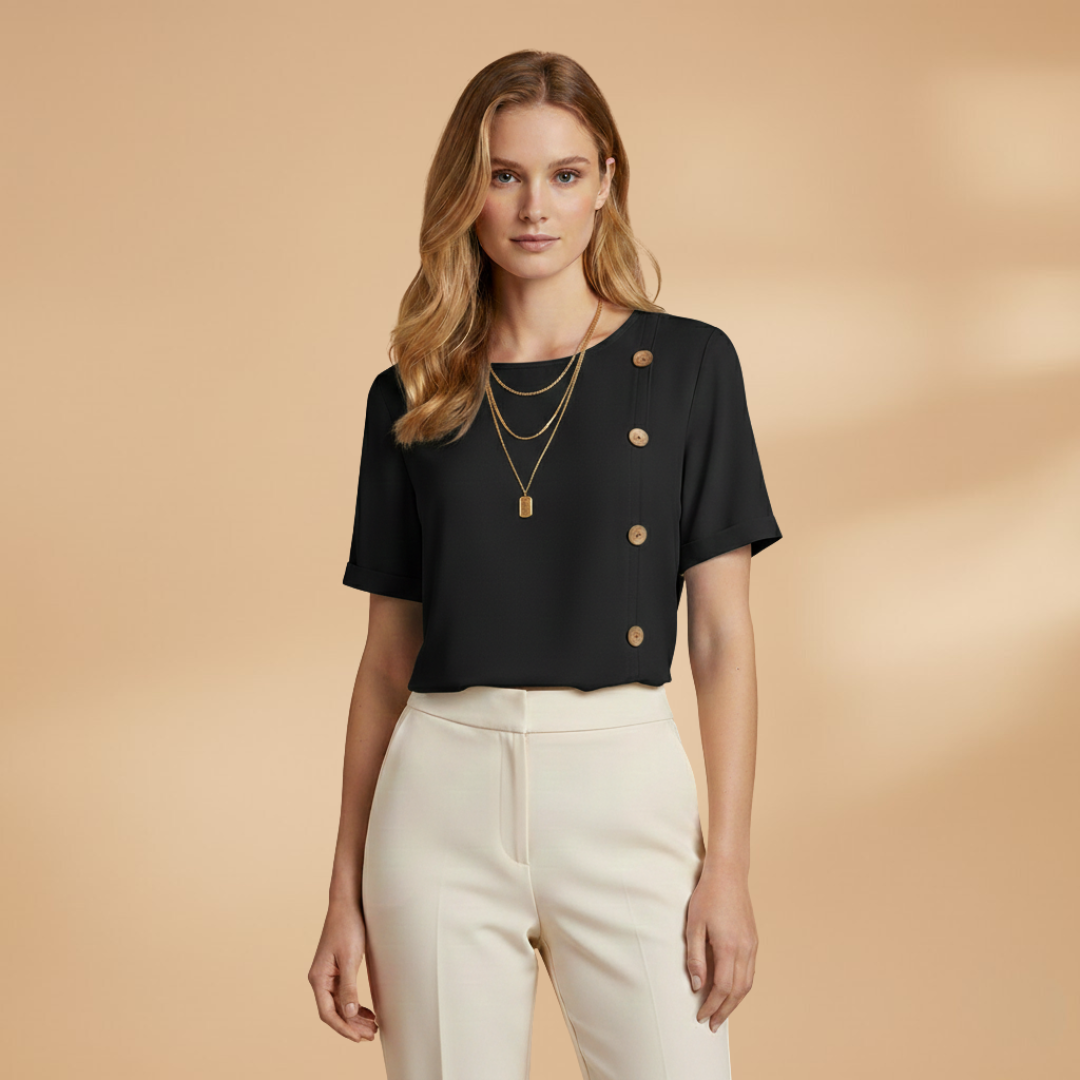Women’s Loose Fit Blouse – Short Sleeve with Side Button Detail