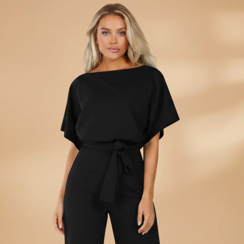 Women's Short-Sleeve Wide-Leg Jumpsuit with Adjustable Tie Belt