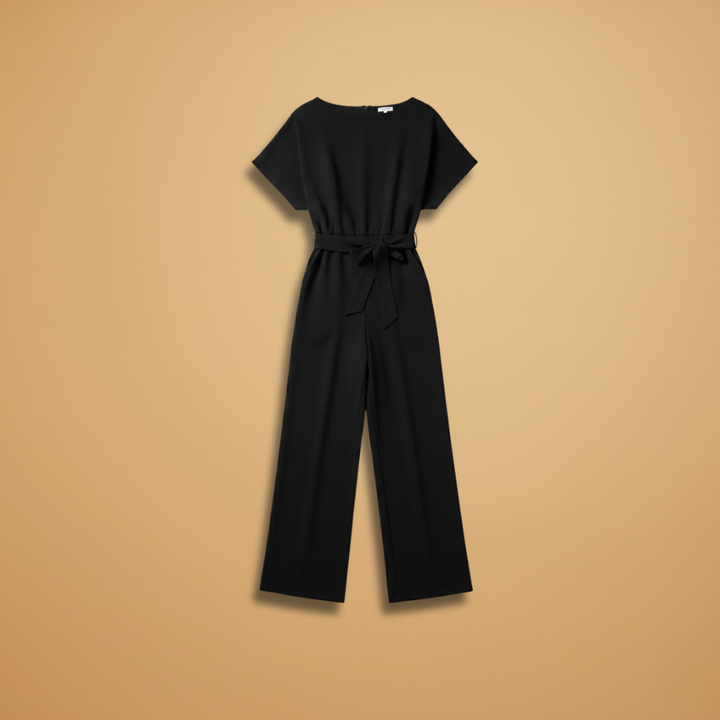 Women's Short-Sleeve Wide-Leg Jumpsuit with Adjustable Tie Belt