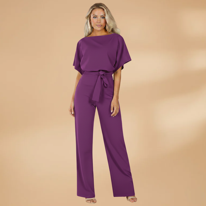 Women's Short-Sleeve Wide-Leg Jumpsuit with Adjustable Tie Belt