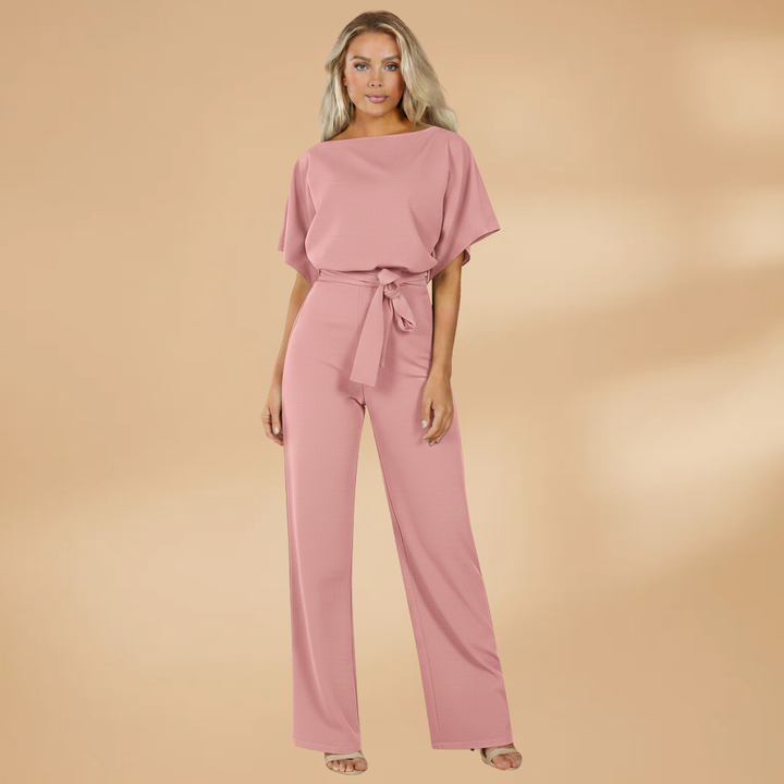 Women's Short-Sleeve Wide-Leg Jumpsuit with Adjustable Tie Belt