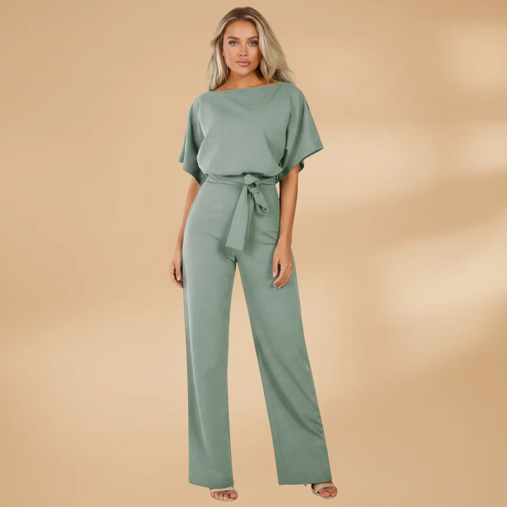 Women's Short-Sleeve Wide-Leg Jumpsuit with Adjustable Tie Belt