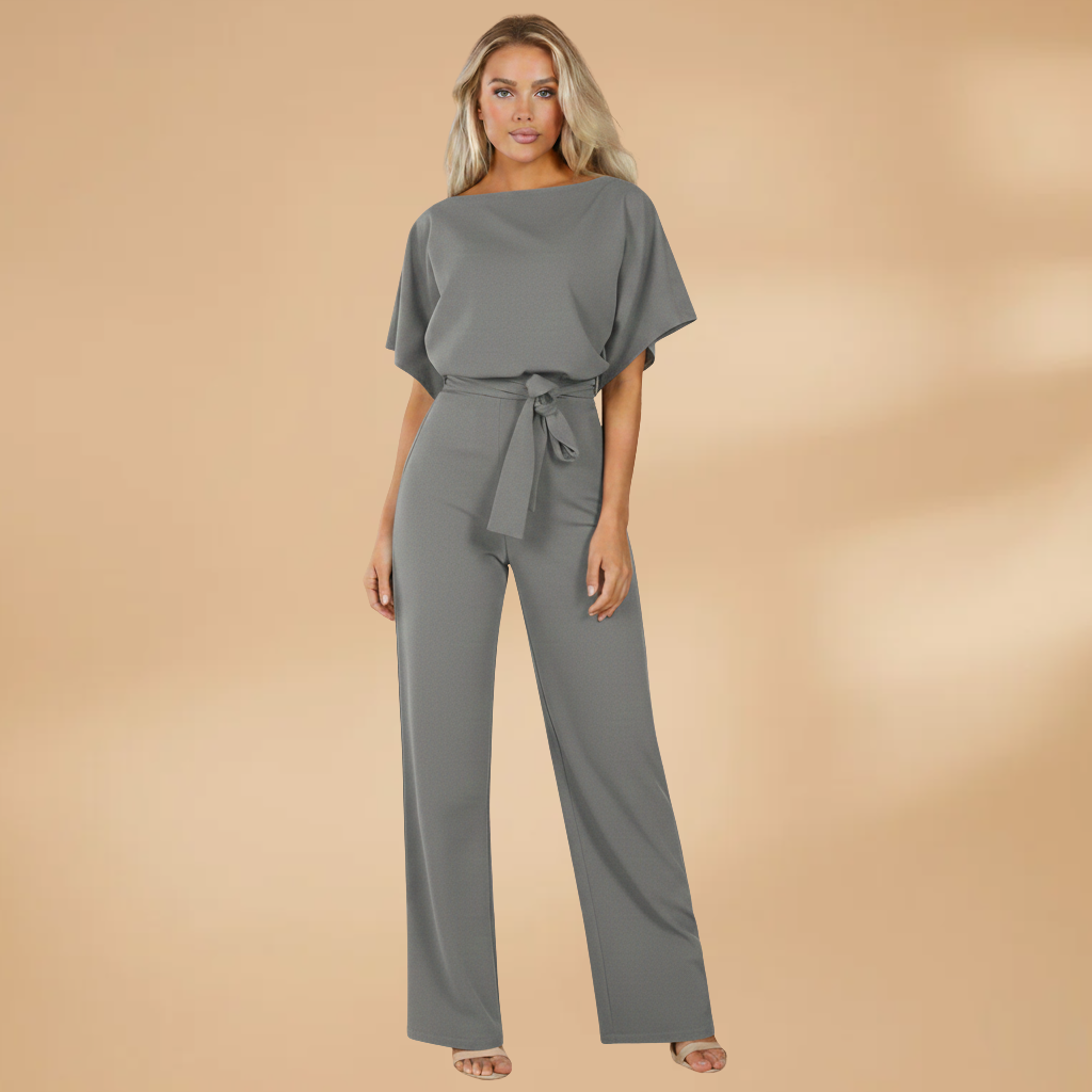 Women's Short-Sleeve Wide-Leg Jumpsuit with Adjustable Tie Belt