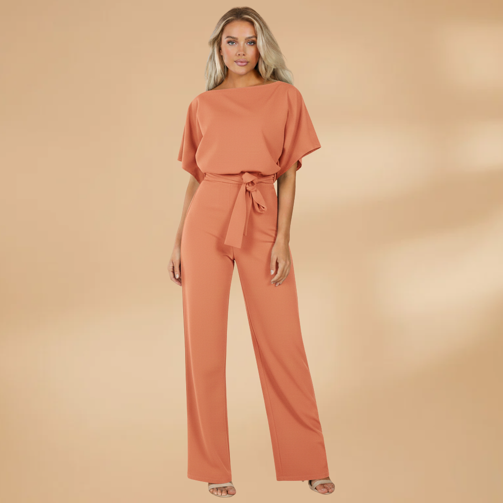 Women's Short-Sleeve Wide-Leg Jumpsuit with Adjustable Tie Belt