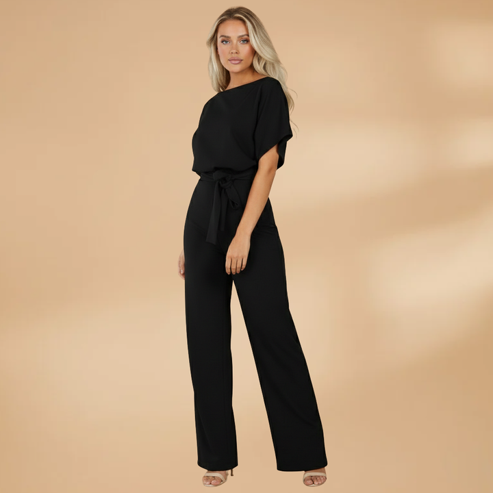 Women's Short-Sleeve Wide-Leg Jumpsuit with Adjustable Tie Belt