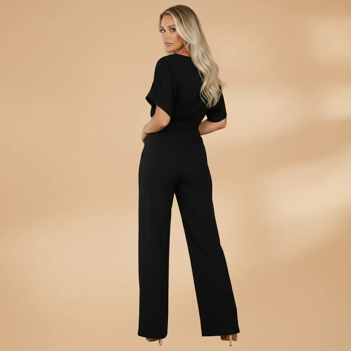 Women's Short-Sleeve Wide-Leg Jumpsuit with Adjustable Tie Belt