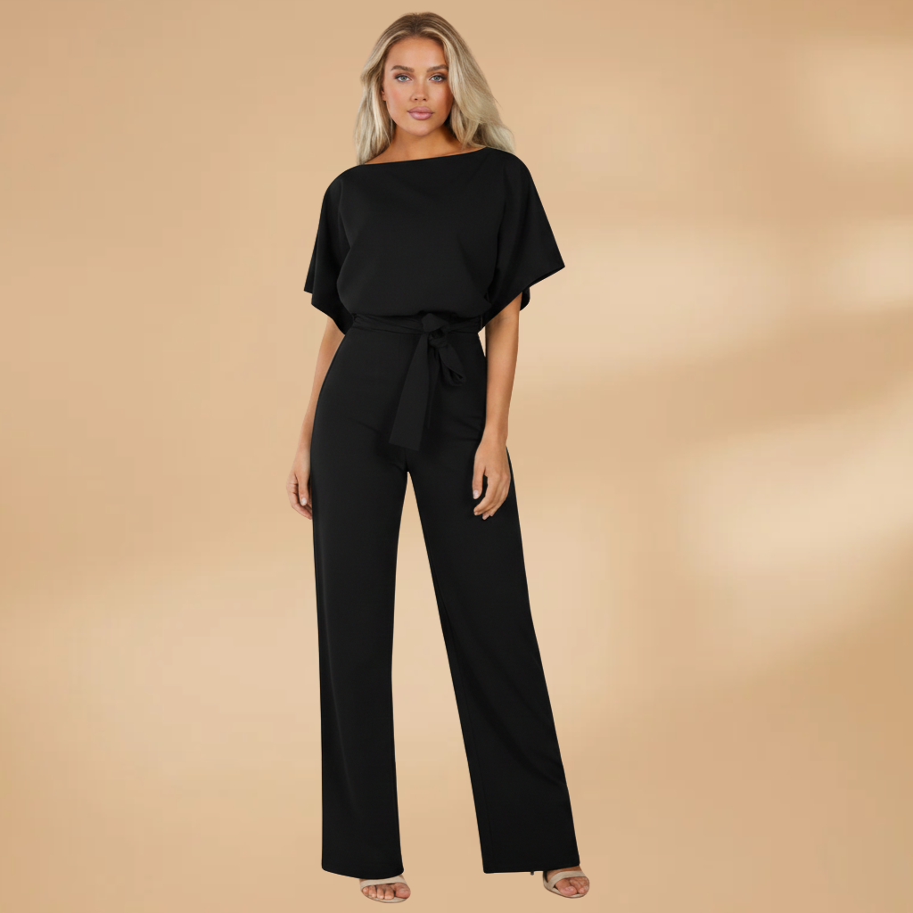 Women's Short-Sleeve Wide-Leg Jumpsuit with Adjustable Tie Belt