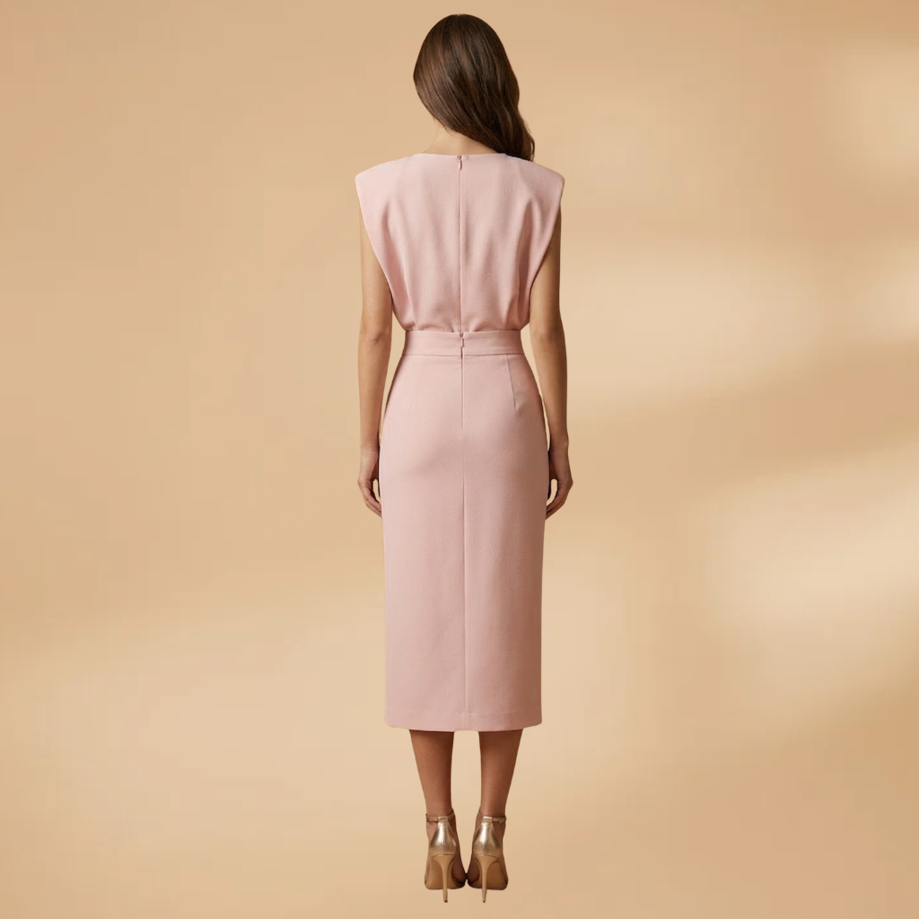 Women's Short-Sleeve Midi Dress with Round Neck and Button Slit