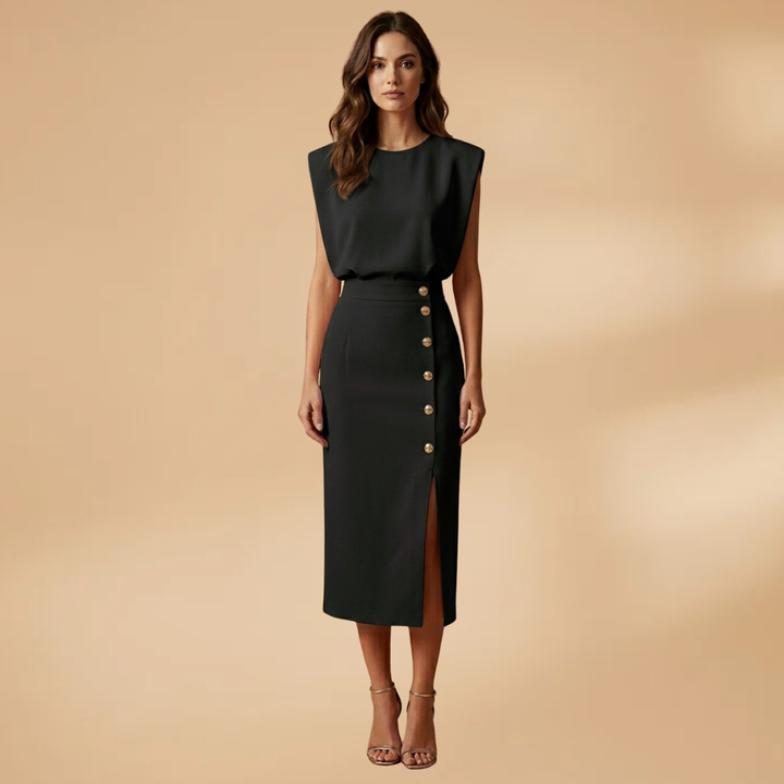 Women's Short-Sleeve Midi Dress with Round Neck and Button Slit