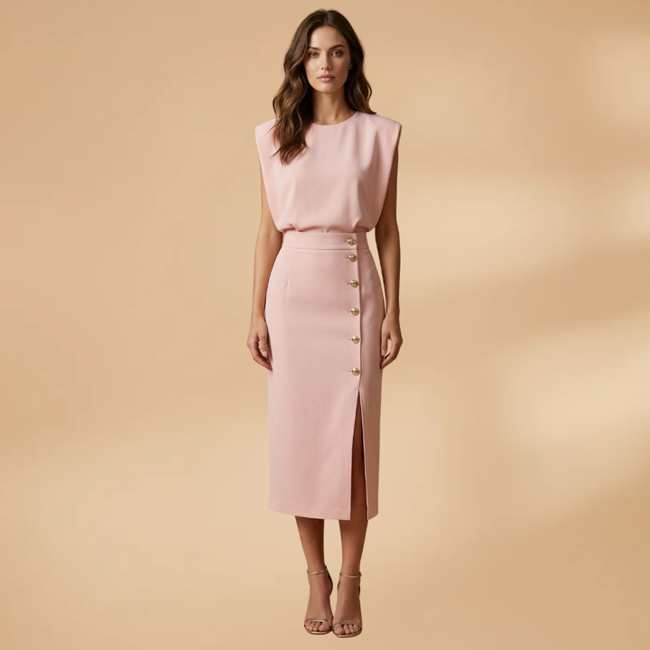 Women's Short-Sleeve Midi Dress with Round Neck and Button Slit