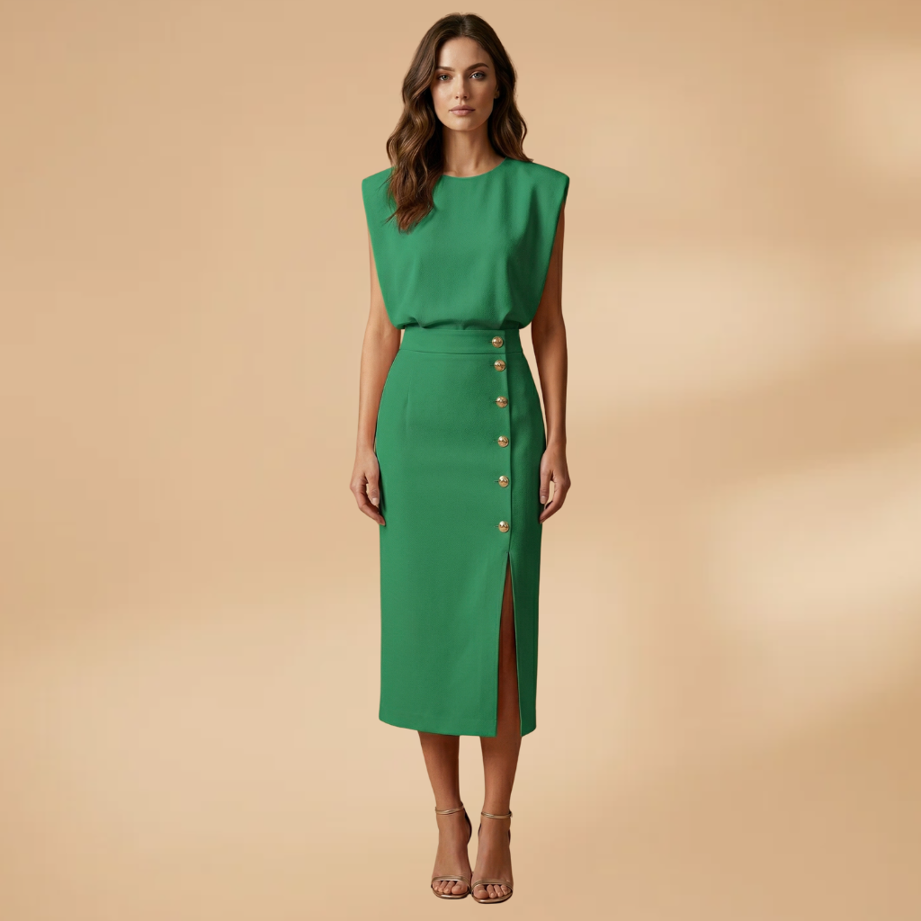 Women's Short-Sleeve Midi Dress with Round Neck and Button Slit