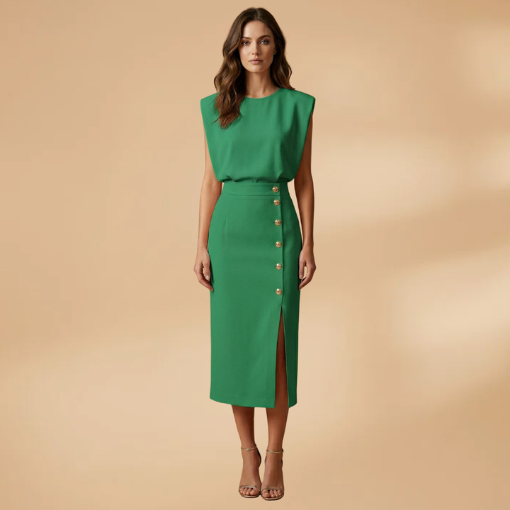 Women's Short-Sleeve Midi Dress with Round Neck and Button Slit
