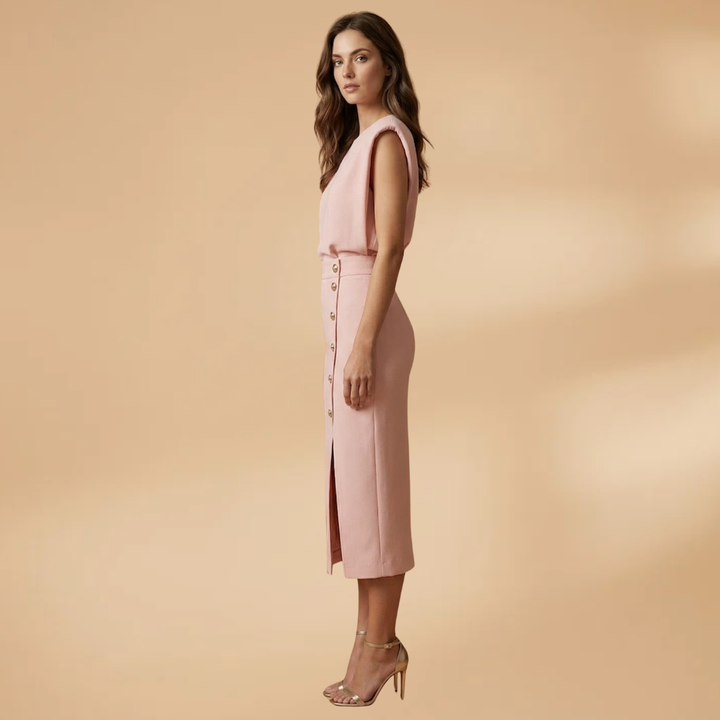 Women's Short-Sleeve Midi Dress with Round Neck and Button Slit