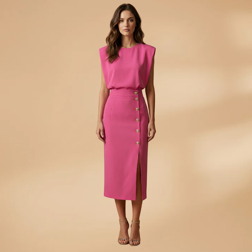 Women's Short-Sleeve Midi Dress with Round Neck and Button Slit