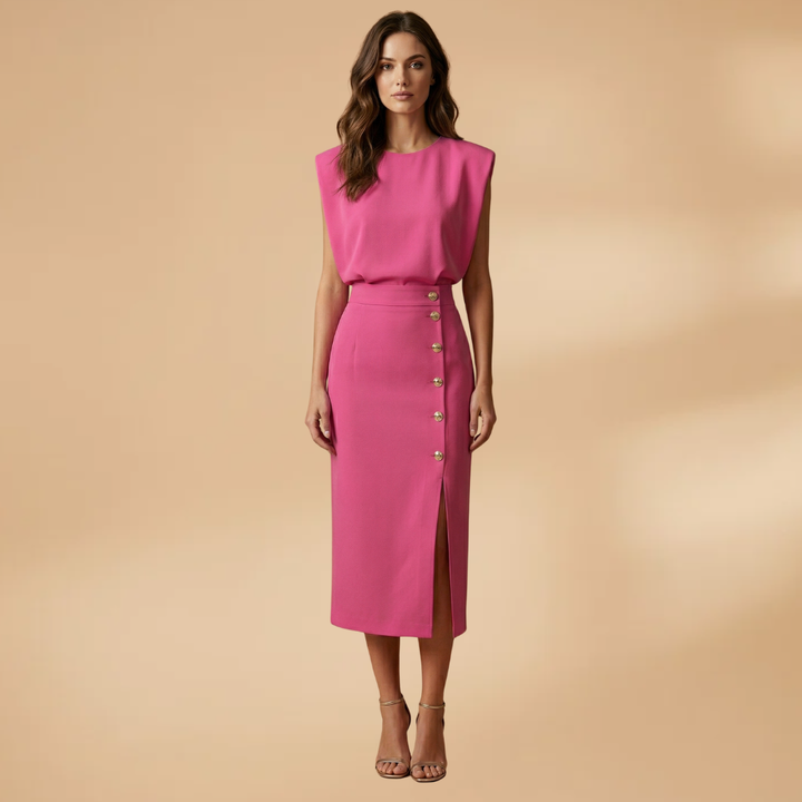 Women's Short-Sleeve Midi Dress with Round Neck and Button Slit