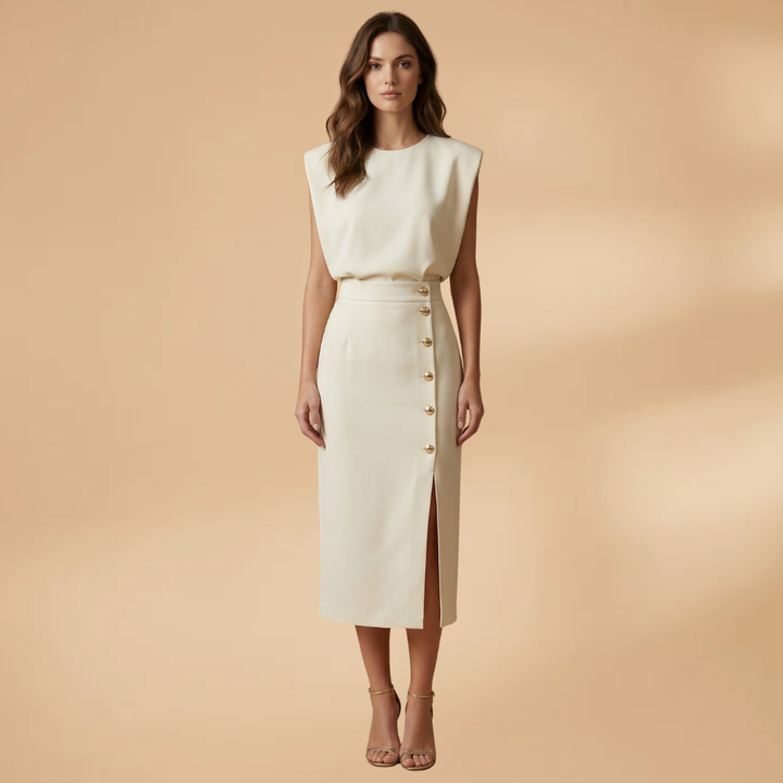 Women's Short-Sleeve Midi Dress with Round Neck and Button Slit