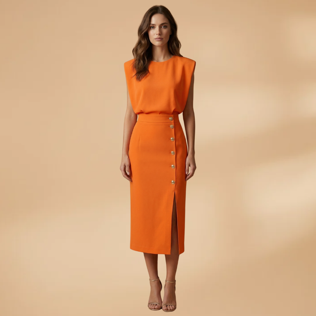 Women's Short-Sleeve Midi Dress with Round Neck and Button Slit