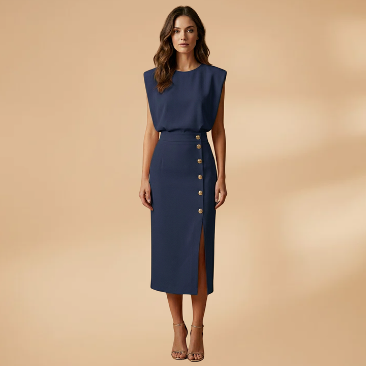 Women's Short-Sleeve Midi Dress with Round Neck and Button Slit