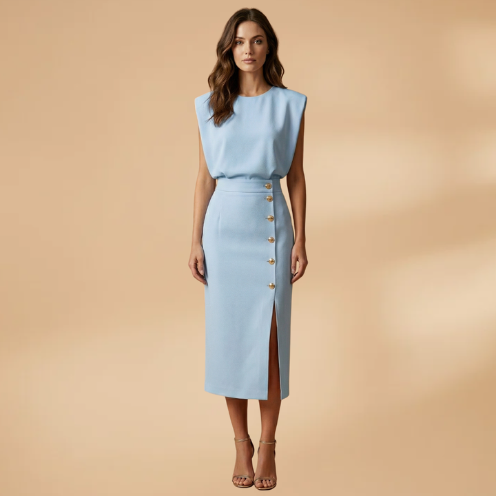Women's Short-Sleeve Midi Dress with Round Neck and Button Slit