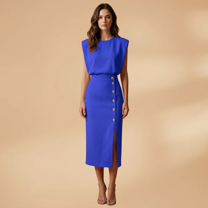Women's Short-Sleeve Midi Dress with Round Neck and Button Slit