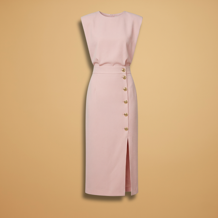 Women's Short-Sleeve Midi Dress with Round Neck and Button Slit