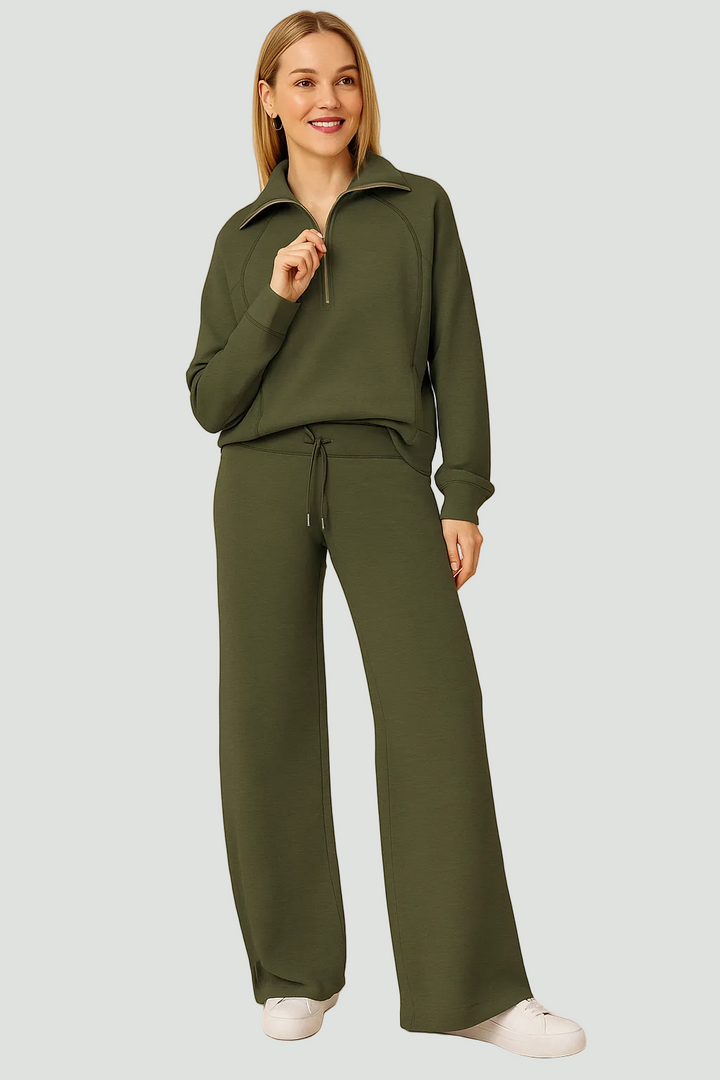 Women’s Two-Piece Lounge Set – Half Zip Jumper & Wide-Leg Trousers